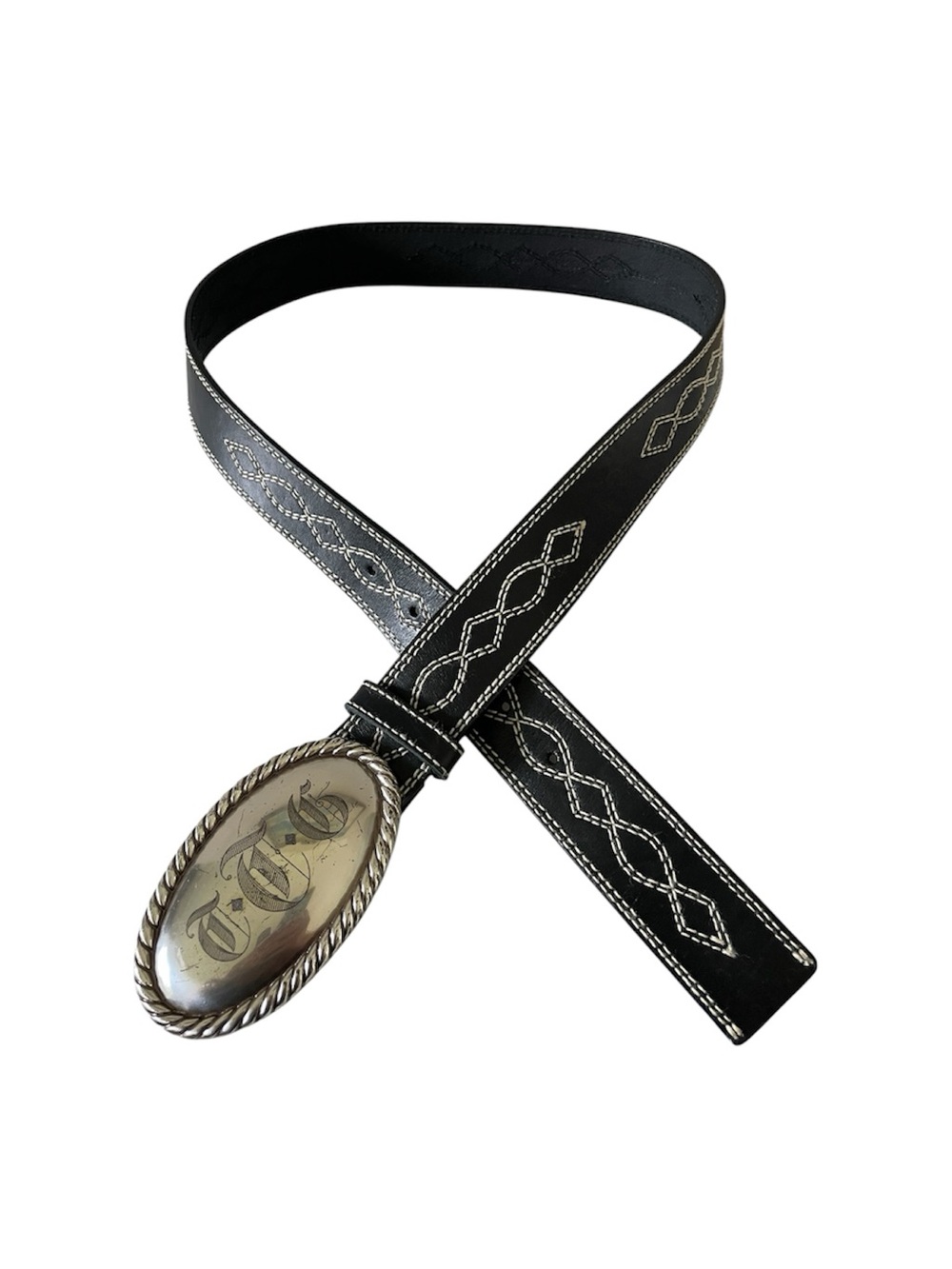 Vintage 90s Calvin Klein Black Leather Engraved Oversized Buckle Statement Belt